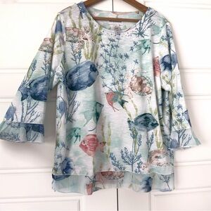 Alfred Dunner Tropical Fish Tunic Top Medium Turtle Sea Life Bell Sleeves Jewels
